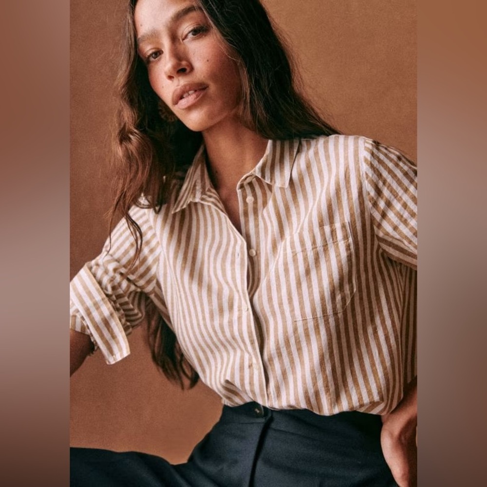 Sézane Tomboy shirt in Camel-Ecru stripes.